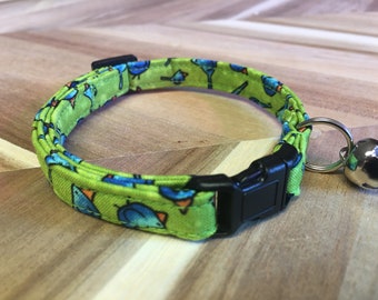 Comfy Cotton Cat Collar Bluebirds on Lime Green
