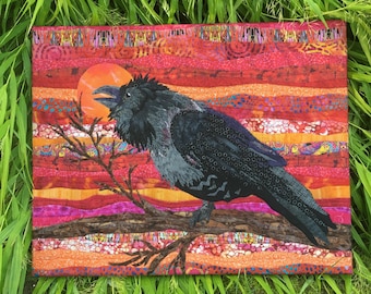 Raven Sunset Art fabric Collage Textile ART