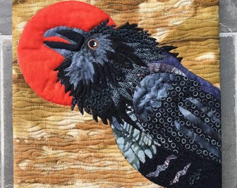 Raven Harvest Moon fiber art collage quilt