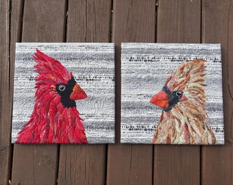 Birds Cardinal Couple Quilted Collages Art