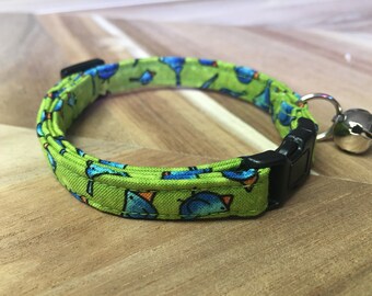 Comfy Cotton Cat Collar Bluebirds on Lime Green