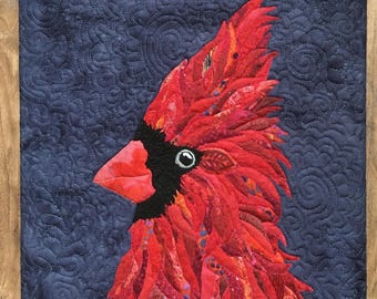 Male Cardinal collage Art Quilt Red Bird