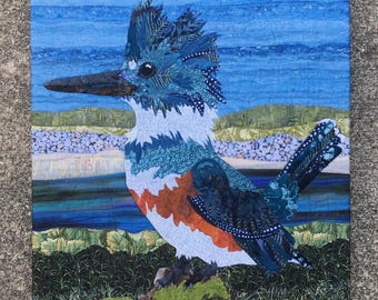 Belted Kingfisher fabric collage Art quilt