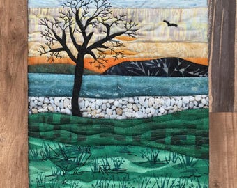 Sunset at the Lake art collage quilt
