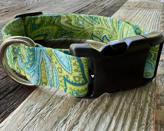 Lime and Blue Paisley cotton Dog Collar