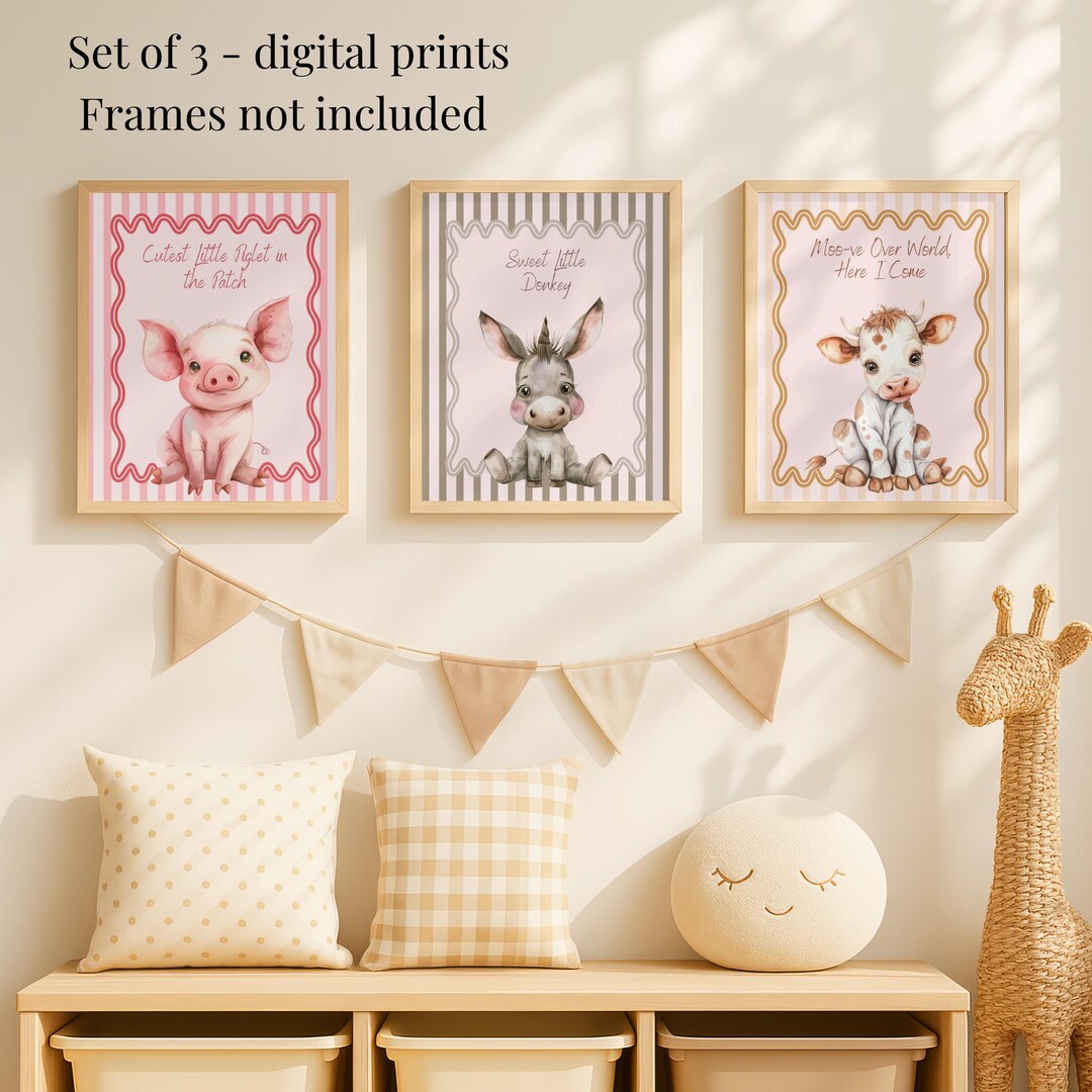 Farm Animal Nursery Prints – Set of 3 Pastel Donkey, Piglet, Calf Art ...