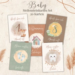Könnte beinhalten: Ein Set Baby-Meilensteinkarten mit Aquarellillustrationen. Die Karten zeigen Bilder von einem Reh, einer Raupe, Babyfüßen und einem Zahn. Der Text enthält "Baby", "Meilensteinkarten Set" und "Heute bin ich".