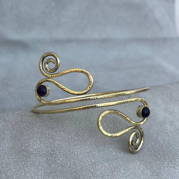 Handmade Gold Spiral Garnet Arm cuff, Silver Upper Arm Bracelet, Adjustable Statement Armband