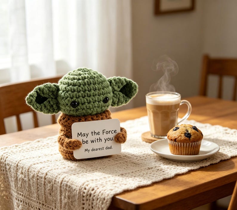 May include: A crocheted green and brown figure resembling a character from a popular science fiction franchise, holding a card with the text "May the Force be with you. My dearest dad." A cup of coffee and a muffin are on the table.