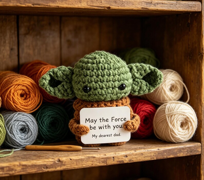 May include: A crocheted green character with large ears, holding a sign that reads "May the Force be with you. My dearest dad." The character is brown and green, with black eyes. The background includes yarn in various colors.