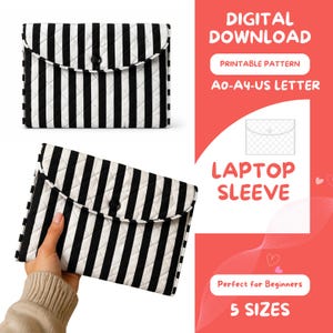 May include: Black and white striped laptop sleeve with a button closure. The sleeve has a quilted design and is shown in two views. The image also includes text that says "DIGITAL DOWNLOAD" and "LAPTOP SLEEVE".