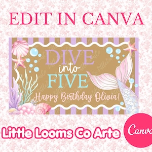May include: A rectangular birthday sign featuring a brown and purple striped background with the text DIVE into FIVE and Happy Birthday Olivia. The design includes illustrations of a mermaid tail, seashells, starfish, and coral in pastel colors.