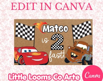 Plantilla de banner de cumpleaños de Rayo McQueen 2: Autos Rápidos - Descarga digital editable en Canva