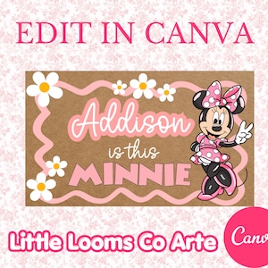 May include: A brown rectangular sign with the text "Addison is this Minnie" in pink. Minnie Mouse is on the right, wearing a pink polka dot dress and bow. White daisies and a pink wavy border frame the text.