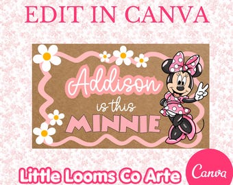 Minnie Mouse, questo modello di banner di compleanno di MINNIE - Download digitale modificabile su Canva