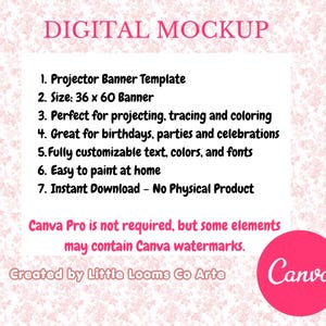May include: Digital mockup image with text: Projector Banner Template, size 91 x 152 cm. Great for birthdays and parties. Fully customizable text, colours, and fonts. Instant download. Includes Canva logo and text: "Canva Pro is not required".