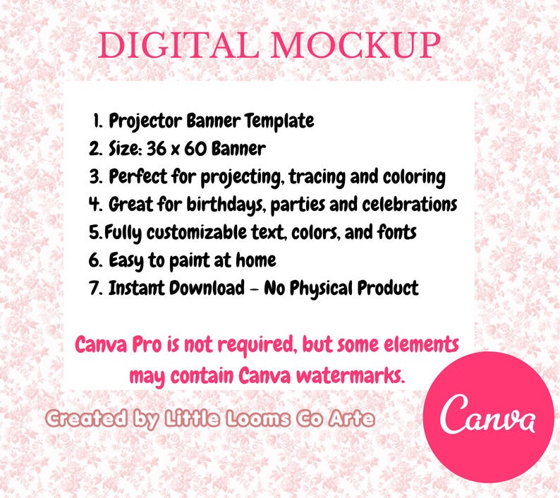 May include: Digital mockup image with text: Projector Banner Template, size 91 x 152 cm. Great for birthdays and parties. Fully customizable text, colours, and fonts. Instant download. Includes Canva logo and text: "Canva Pro is not required".