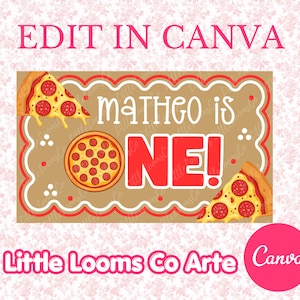 May include: A tan-colored birthday sign with a pizza theme. The sign says "MATHEO is ONE!" in red and white text. Pizza slices and a whole pizza are also featured.