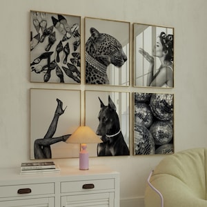 May include: A gallery wall set of six black and white framed prints featuring a collection of high-heeled shoes, a leopard wearing a necklace, a person blowing a kiss, legs in patterned tights, a Doberman dog, and several reflective disco balls.