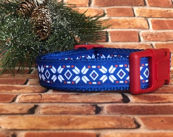 Holiday Dog collar. Christmas Dog Collar Adjustable Blue Snow Flakes Winter