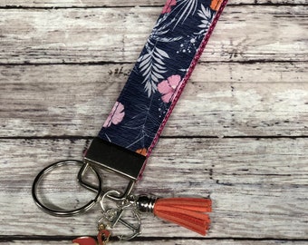 Key Fob Wristlet Keychain tropical faux leather  in blue with tassel and Charm . Faux leather wristlet
