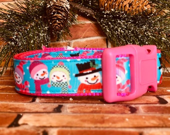 Snowman Dog collar. Pink and blue snowman  Dog Collar Adjustable Snowman