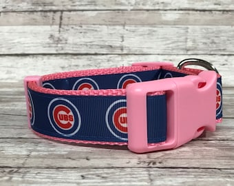 Cubs Inspired Dog Collar: Pink Chicago Cubs Ribbon
