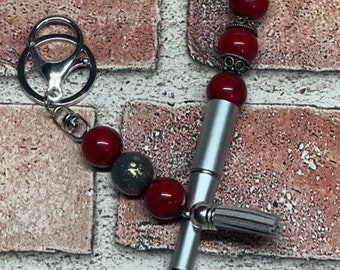 Beaded pen  and keychain set . Scarlet and grey   pen and keychain set. Ohio color pen set