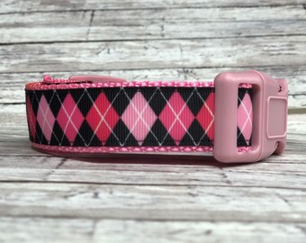 Valentine Dog Collar Argyle pink and black  dog Collar