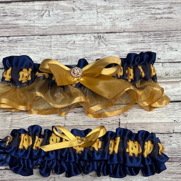Blue and Gold Wedding Garter Set: Notre Dame Ribbon, Rhinestone Bow