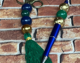 Beaded pen and keychain set . Blue and Gold pen and keychain set. Irish colors pen and keychain.