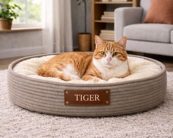 Personalized Pet Bed with Name, Cozy Pet Beds, Dog Beds and Cat Beds, Plush Round Sofa Beds, Washable Indoor Pet Beds