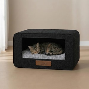 May include: A dark grey cat bed with a rectangular shape. A sleeping tabby cat is inside on a grey, plush cushion. A small, brown leather tag with the name "Leo" is attached to the front of the bed.
