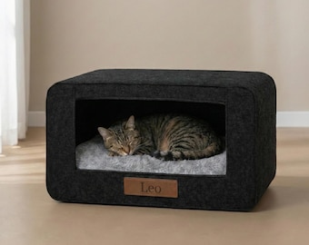 Cama cueva de fieltro personalizada para mascotas con nombre, acogedora casa cerrada para perros y gatos, suave cama de interior para mascotas