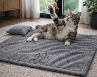 Juego de manta y almohada personalizadas para gatos, cama para gatos con nombre personalizado, cama acogedora para mascotas, alfombrilla lavable de pana para gatos de interior.
