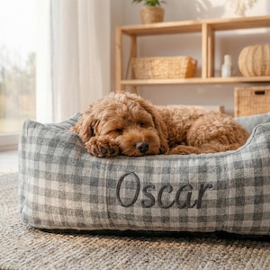 May include: A sleeping brown dog lies in a grey and white checked dog bed. The bed is embroidered with the name "Oscar". The dog bed is placed on a neutral-toned rug.