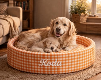 Spersonalizowane legowiska dla psów z imieniem, przytulne legowiska dla zwierząt, okrągłe legowiska w kratkę gingham, zmywalne legowiska dla psów do użytku w pomieszczeniach