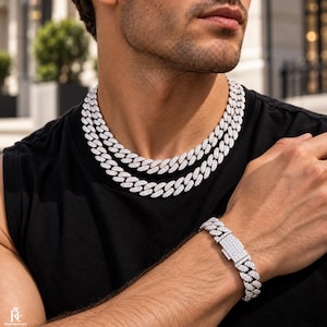 Collar y pulsera de cadena cubana de moissanita de 10 mm para hombres y mujeres, gargantilla de rombos de doble fila, oro y plata, estilo hip hop, brazalete minimalista.