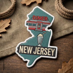 May include: Embroidered patch in the shape of New Jersey, featuring a diner illustration and a milkshake. The word "DINER" is in red, and "NEW JERSEY" is in white. The patch has a white border.