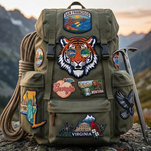 May include: An olive green backpack adorned with embroidered patches featuring a tiger in sunglasses, a peach, and state emblems. A climbing rope and ice axe are also present. The backpack has multiple pockets and adjustable straps.