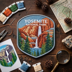 May include: Embroidered patch featuring a scenic view of Yosemite National Park, with a waterfall, trees, and mountains. The patch is surrounded by blue stitching and the words "YOSEMITE NATIONAL PARK". The image also includes spools of thread, a map, and a magnifying glass.