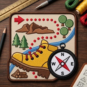 May include: Embroidered patch featuring a yellow hiking boot, a compass, mountains, trees, and a red arrow. The patch has a brown border and a beige background. The compass shows the cardinal directions. A blue river winds through the design.