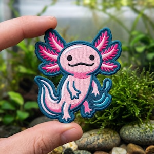 Pink Axolotl Embroidered Patch: Iron On Sew On Amphibian Badge