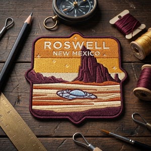 May include: A rectangular embroidered patch with rounded corners featuring a desert landscape, a dark purple rock formation, and a light blue UFO. The text ROSWELL NEW MEXICO is stitched in white. The patch is surrounded by a compass, thread, and ruler.