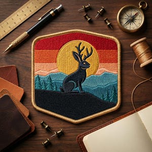 May include: A hexagonal embroidered patch featuring a black jackalope silhouette against a yellow sun, orange and red sky, and blue mountain landscape with pine trees. The patch has a gold-colored stitched border and is surrounded by a ruler, pen, compass, pins, thread, and leather swatches.