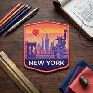 May include: A shield-shaped embroidered patch featuring a New York City skyline with the Statue of Liberty, the Brooklyn Bridge, and a sunset. The text NEW YORK is stitched in white at the bottom. The patch has a coral border and measures 4 inches.