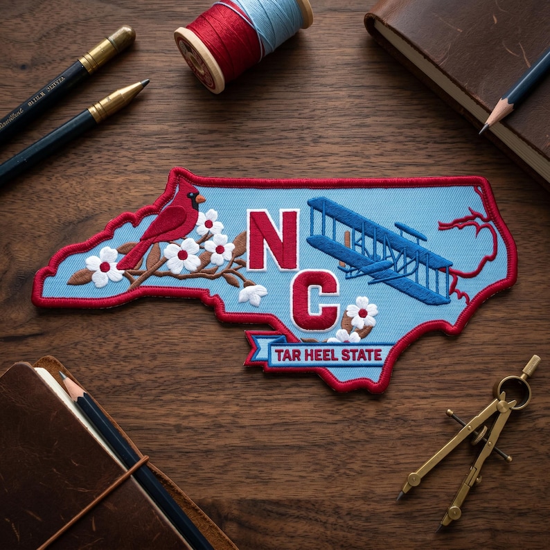 May include: Embroidered patch in the shape of North Carolina, featuring a red cardinal, airplane, and the text "NC TAR HEEL STATE." The patch has a light blue background with red and white accents. The patch is surrounded by pencils, thread, and a notebook.