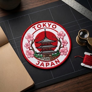 May include: Embroidered patch featuring a Japanese pagoda, cherry blossoms, and the words "TOKYO JAPAN" in red and white. The patch is circular with a red border and a white background. The design includes a red sun.