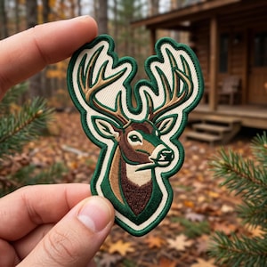 May include: An embroidered patch featuring a deer head with large antlers. The design uses shades of brown, tan, and cream, outlined with a thick dark green border. The deer is depicted in profile, facing right, with detailed stitching throughout the shape.