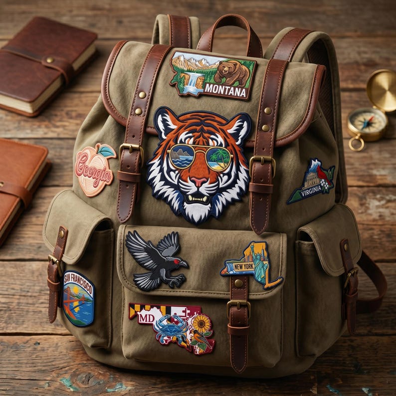 May include: An olive green canvas backpack with brown leather details and patches. Patches include a tiger wearing sunglasses, a bear, and state emblems. The backpack has multiple pockets and adjustable straps, ideal for travel or daily use.